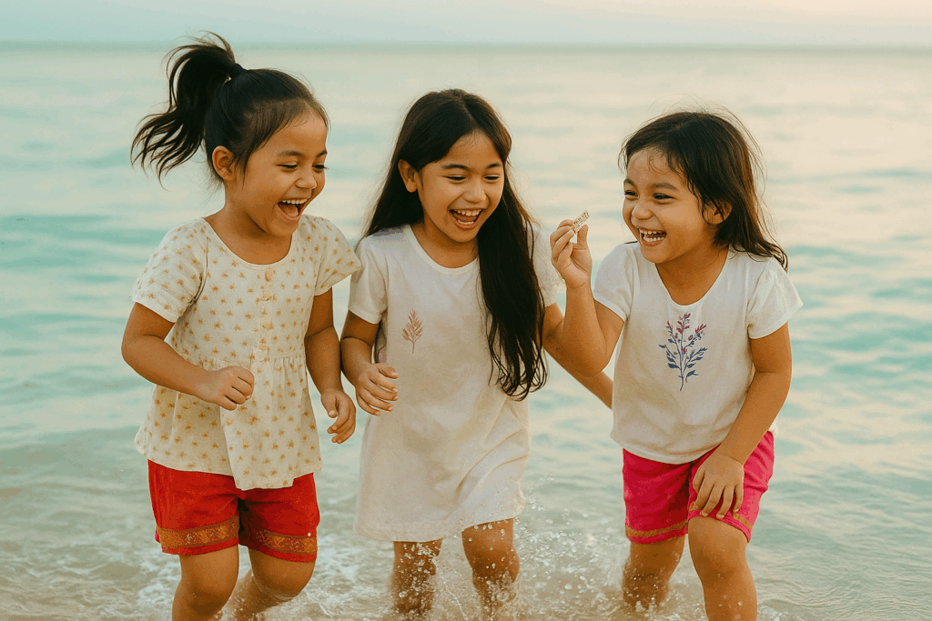 Children Playing at Sunset by the Sea