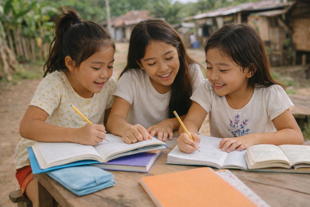 Studying together in the village sun